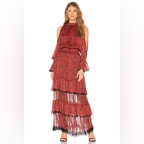 ROCOCO SAND Cold Shoulder Long Dress with ruffles in Red & Black size Medium - Picture 1 of 8